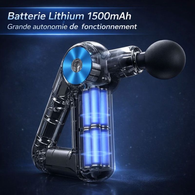Pistolet de massage compact avec batterie lithium 1500 mAh offrant une grande autonomie de fonctionnement.