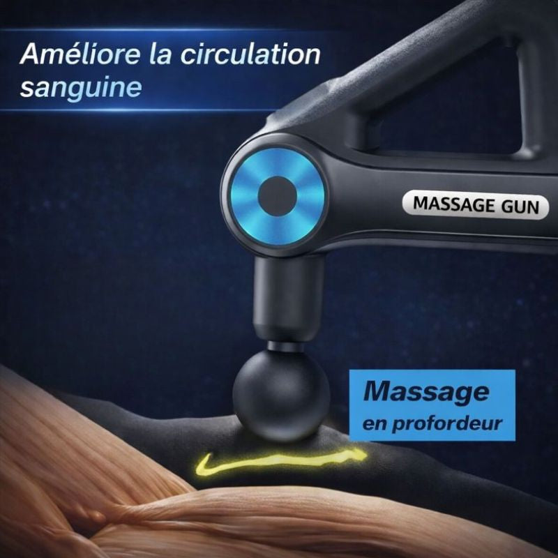 Pistolet de massage compact utilisé pour un massage en profondeur favorisant la circulation sanguine.