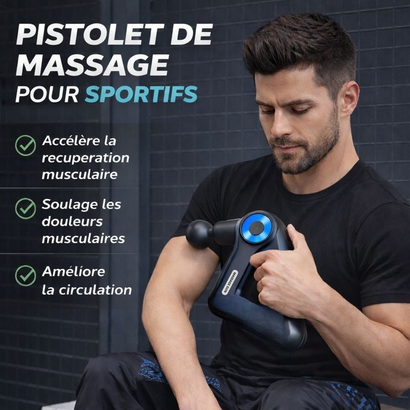 Pistolet de massage compact pour sportifs favorisant la récupération musculaire, le soulagement des douleurs et la circulation.