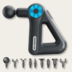 Pistolet de massage compact avec plusieurs têtes interchangeables pour cibler différents groupes musculaires.