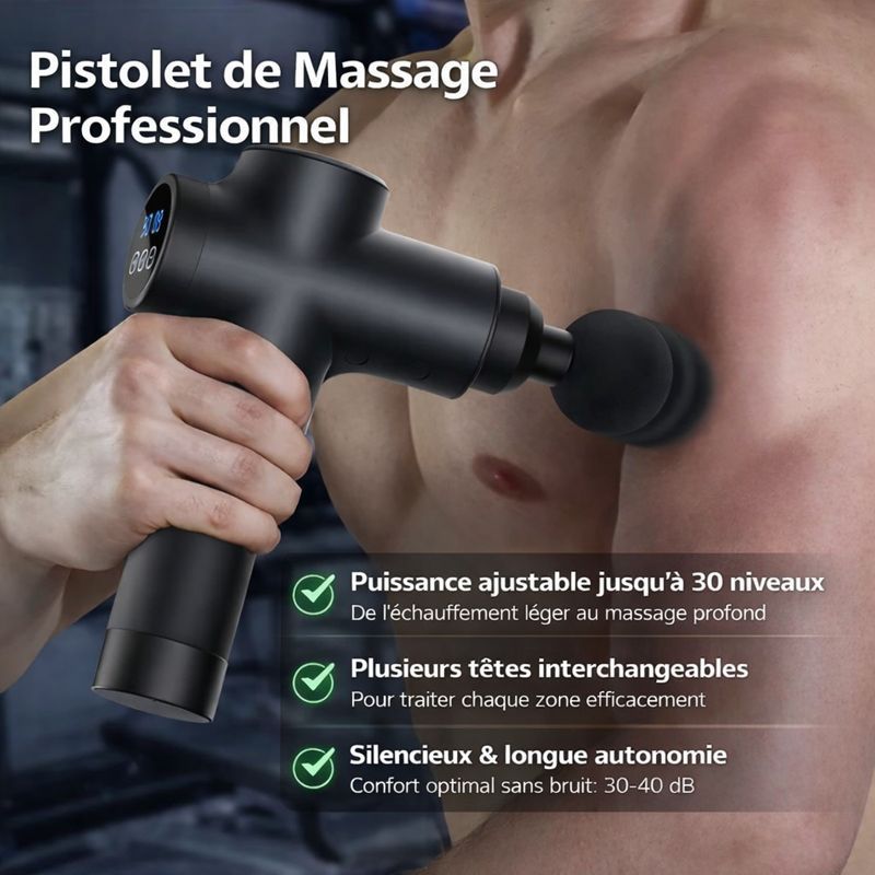 Pistolet de massage professionnel avec 30 niveaux d’intensité pour massage musculaire profond
