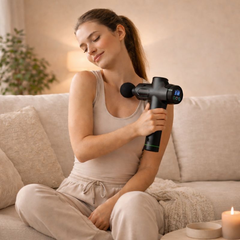 Femme utilisant un pistolet de massage professionnel pour détendre les muscles des épaules à domicile