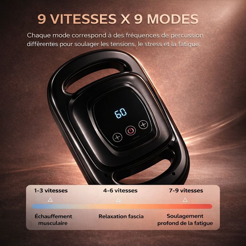 Pistolet de massage tendinite avec écran LED, 9 vitesses et 9 modes pour récupération musculaire ciblée
