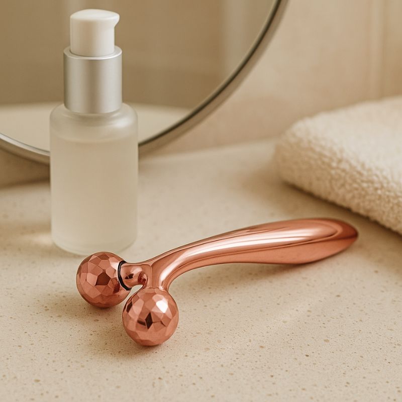 Roll on visage rose gold avec bouteille de soin sur table de salle de bain