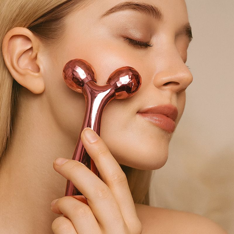 Application du roll on visage rose gold sur le visage