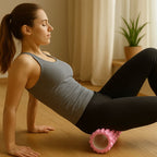 Rouleau de massage musculaire rose en utilisation pour la récupération