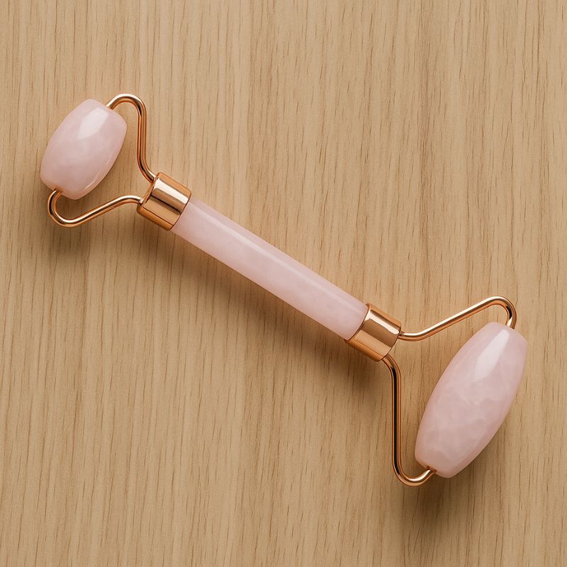 Rouleau facial en quartz rose à plat sur fond bois, outil de soin beauté naturel