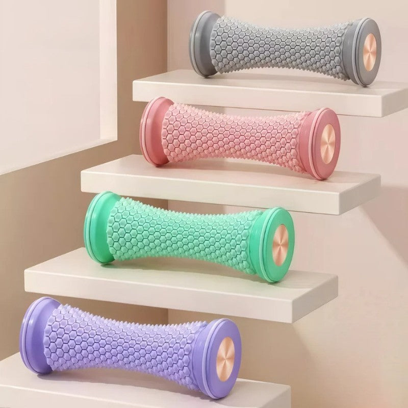 Rouleaux de massage pied en gris, vert, violet et rose avec picots en relief pour bien-être plantaire