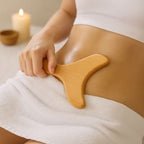 Massage du ventre avec une spatule en bois dans une ambiance spa minimaliste