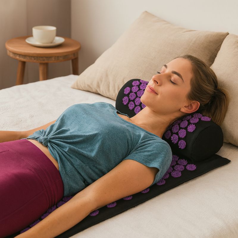 Femme allongée sur un tapis de champ de fleurs violet en situation de relaxation