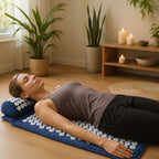 Femme en pleine séance de relaxation sur un tapis de Fakir bleu