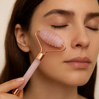 Femme utilisant un rouleau en quartz rose à picots pour massage facial